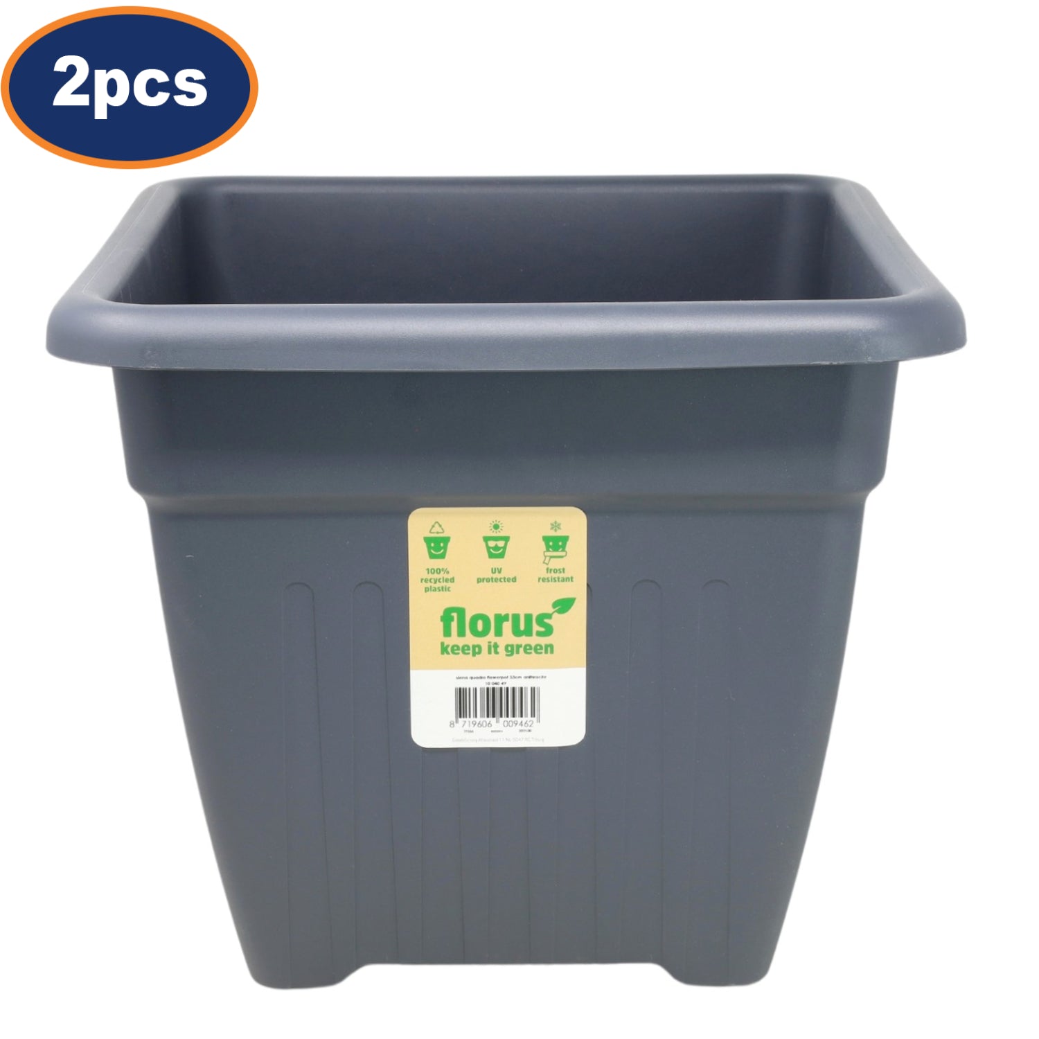 2Pcs Florus Sienna 33cm Square Anthracite Grey Plastic Planters