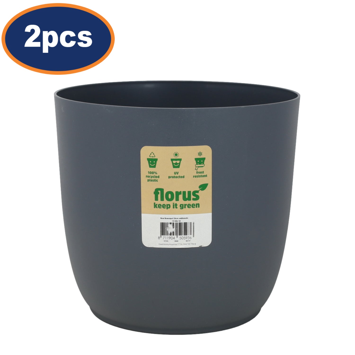 2Pcs Florus 25cm Anthracite Grey Round Plastic Planters