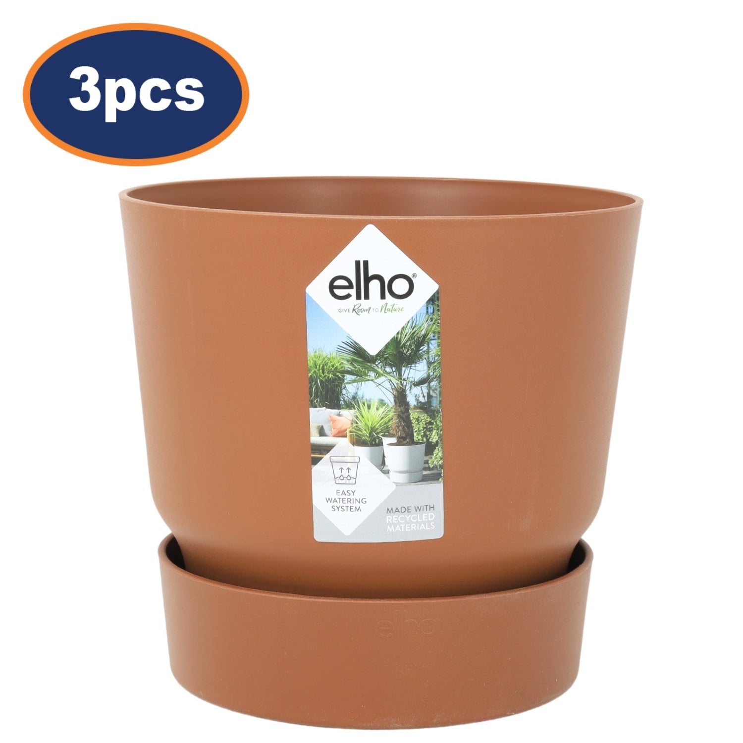 3Pcs Elho 24.5cm Ginger Brown Round Plastic Planters