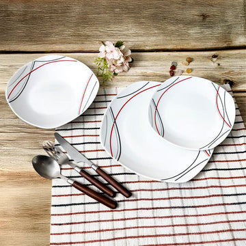 12-pc Dinner Set White Soup Dessert Plates Red Black
