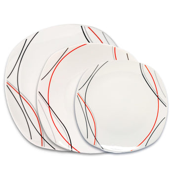 12-pc Dinner Set White Soup Dessert Plates Red Black