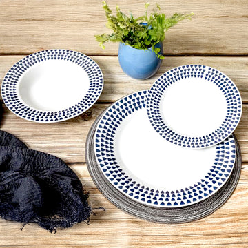 12-pc Dinner Set Round White Soup Dessert Plates Blue Dotted