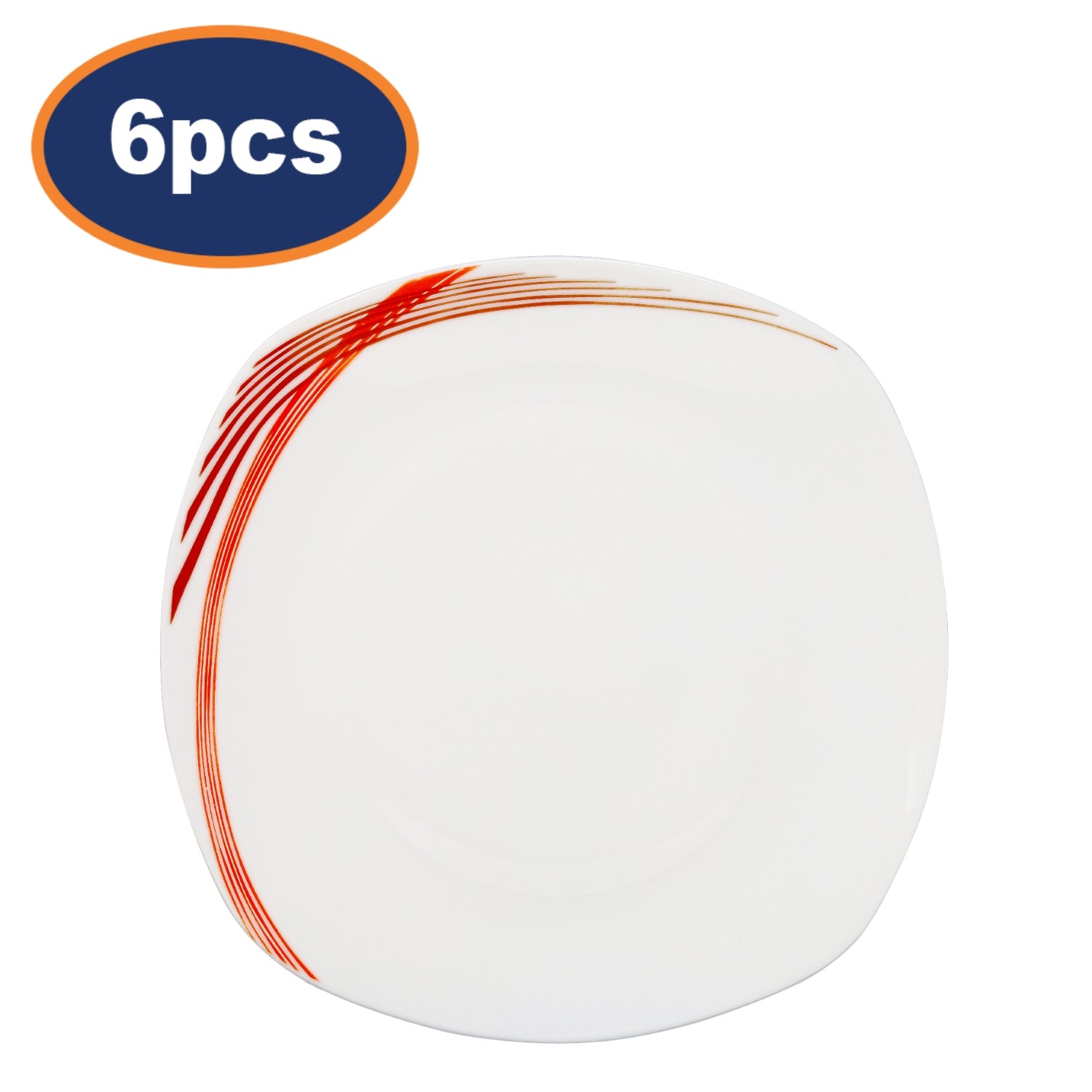 6Pcs 25cm Curved Red Lines White Porcelain Dinner Plate