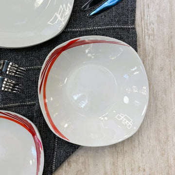 22cm Curved Red Lines Porcelain Rounded Square Soup Plate