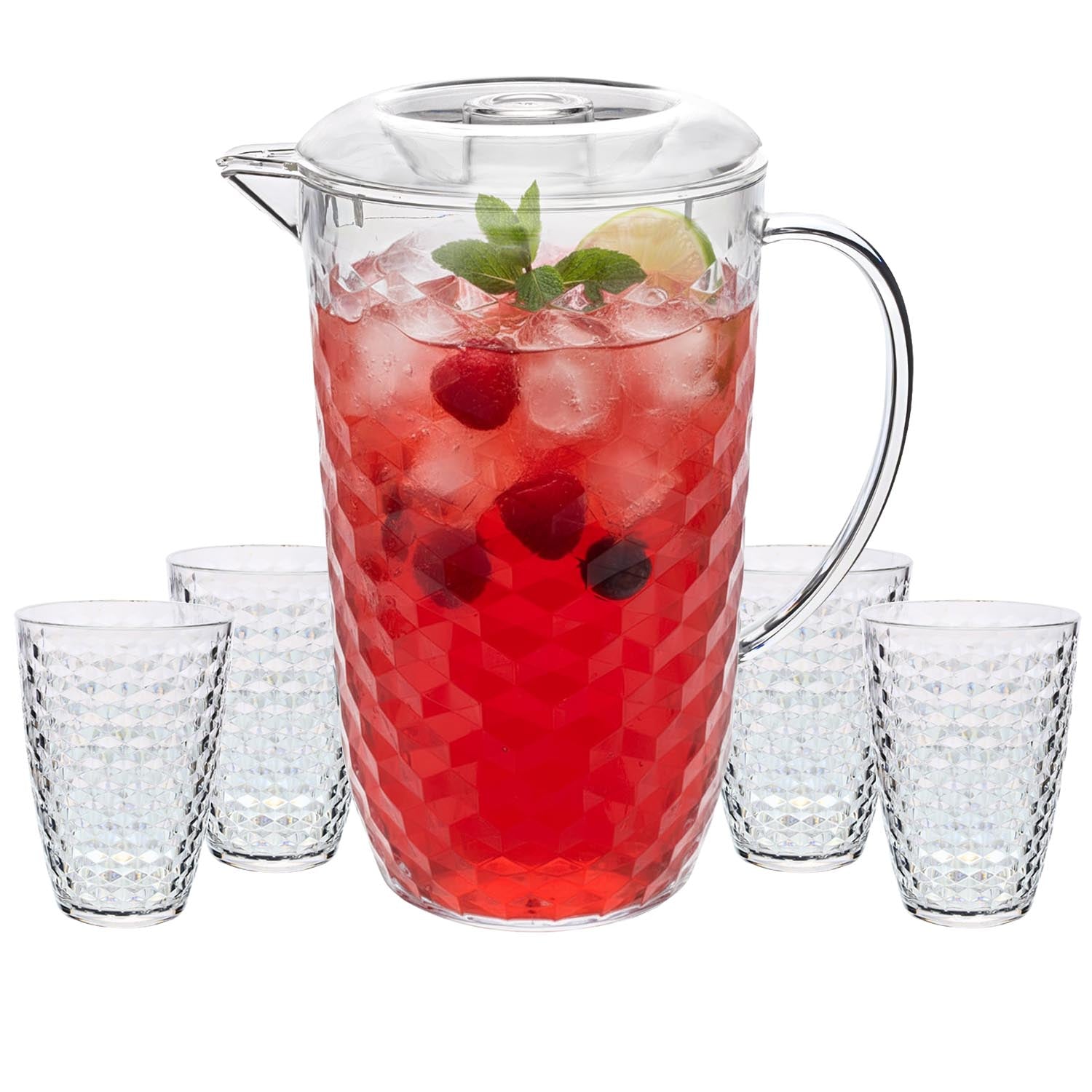 2L Clear Diamond Acrylic Jug with 4Pcs 400ml Tumbler - Reusable Drinkware Set