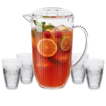 2L Ribbed Clear Acrylic Pitcher & 4Pcs 400ml Tumbler - Reusable Drinkware Set