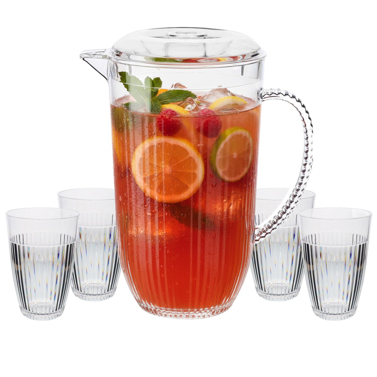 2L Ribbed Clear Acrylic Pitcher & 4Pcs 400ml Tumbler - Reusable Drinkware Set