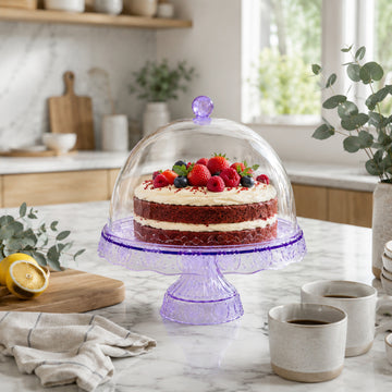 29cm Clear Acrylic Lavender Pedestal Cake Stand with Dome Cover