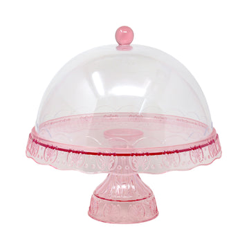 29cm Clear Acrylic Pink Pedestal Cake Stand with Dome Cover
