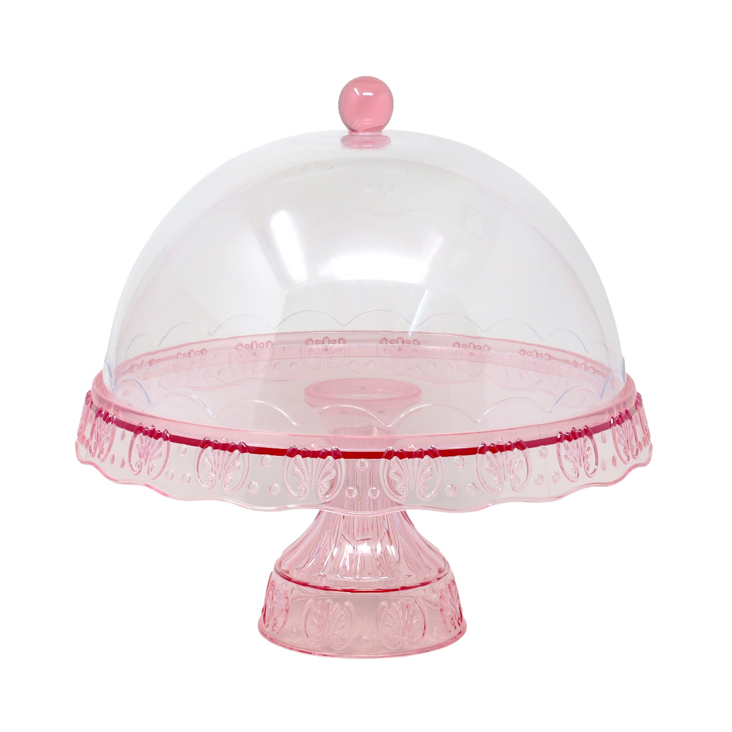 29cm Clear Acrylic Pink Pedestal Cake Stand with Dome Cover