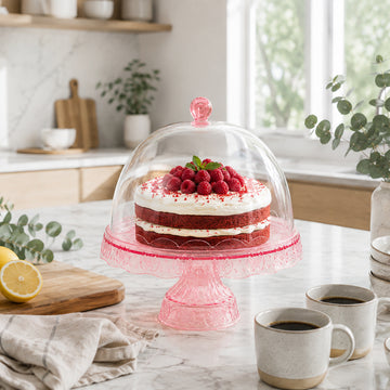 29cm Clear Acrylic Pink Pedestal Cake Stand with Dome Cover