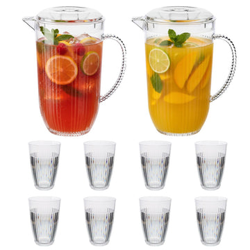 2Pcs 2L Ribbed Clear Reusable Acrylic Pitcher & 8Pcs 400ml Tumbler Set
