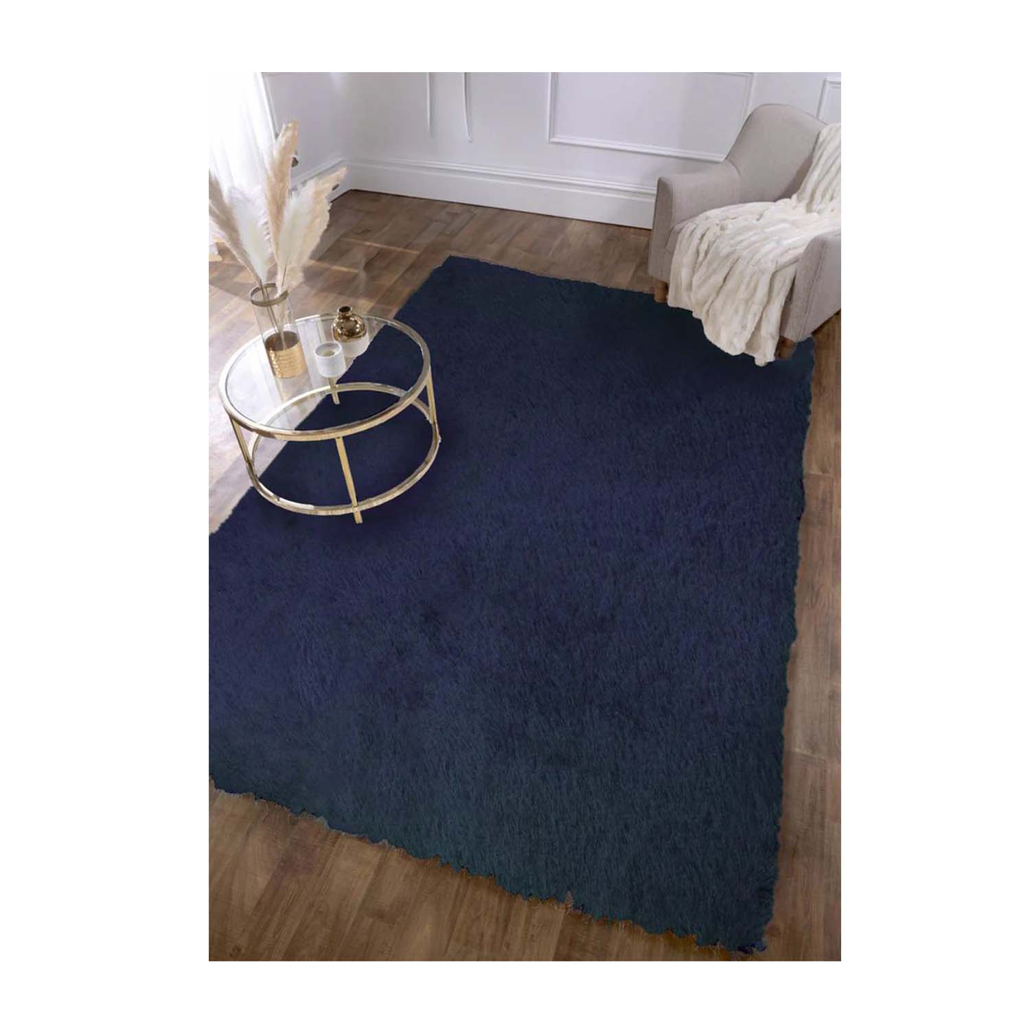 Mayfair Navy Polyester Thick Non Slip Shaggy Rug