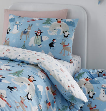 Penguins Reindeer Snowman Xmas Duvet Cover Set, Single, Blue