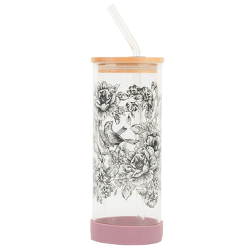 450ml Floral Pink Non Slip Glass Drinking Bottle Leakproof
