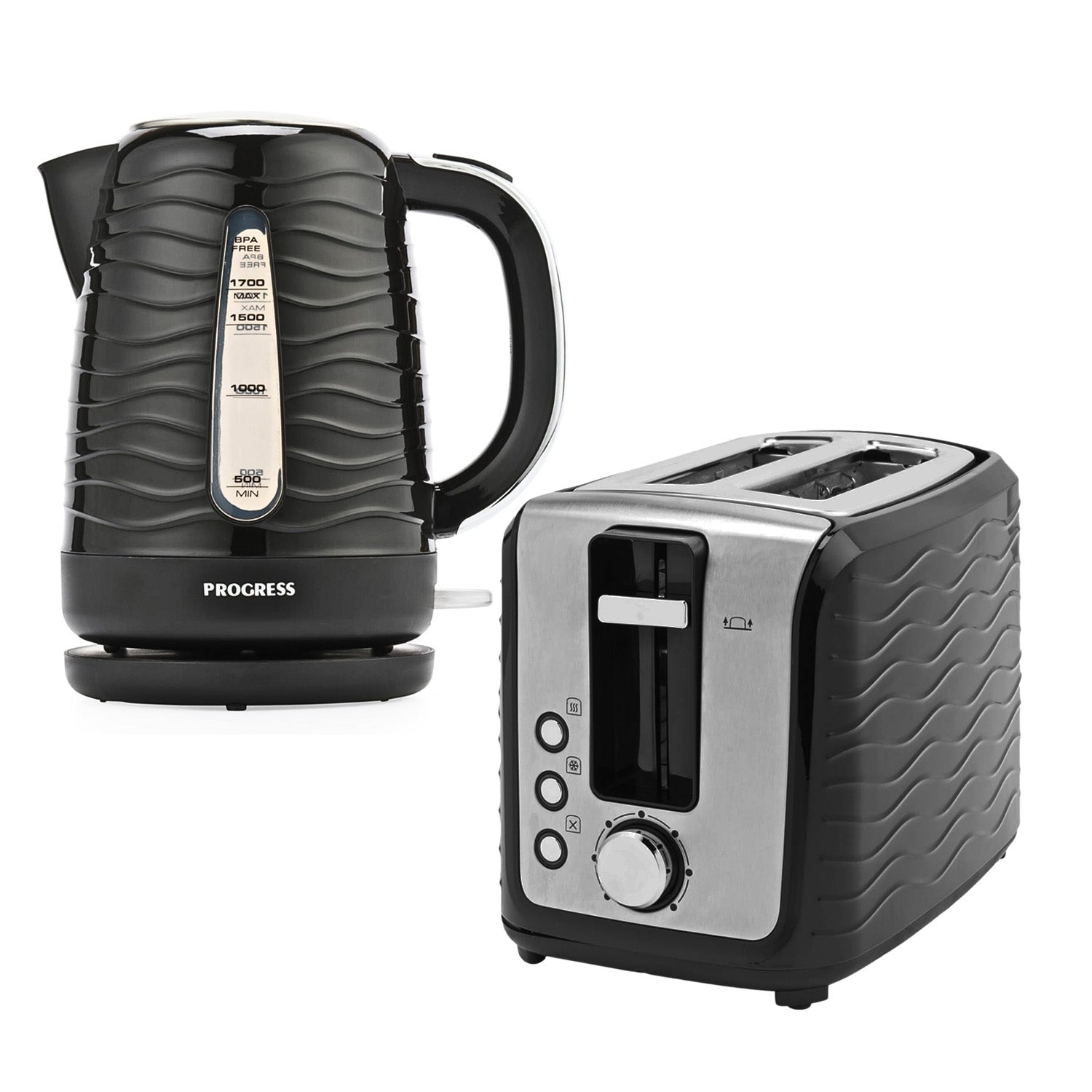 Progress Wave Kettle 1.7L & 2 Slice Toaster Set Black
