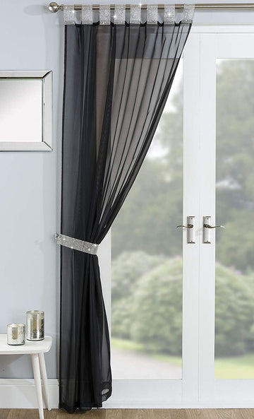 55x72" Luxury Silver Diamante Voile Net Curtains - Vegas Black & Silver