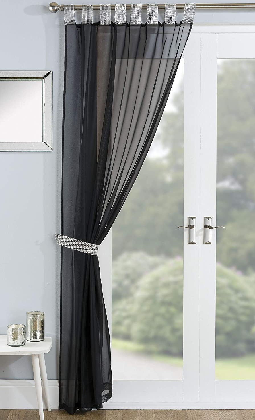 55x90" Luxury Silver Diamante Voile Net Curtains - Vegas Black & Silver