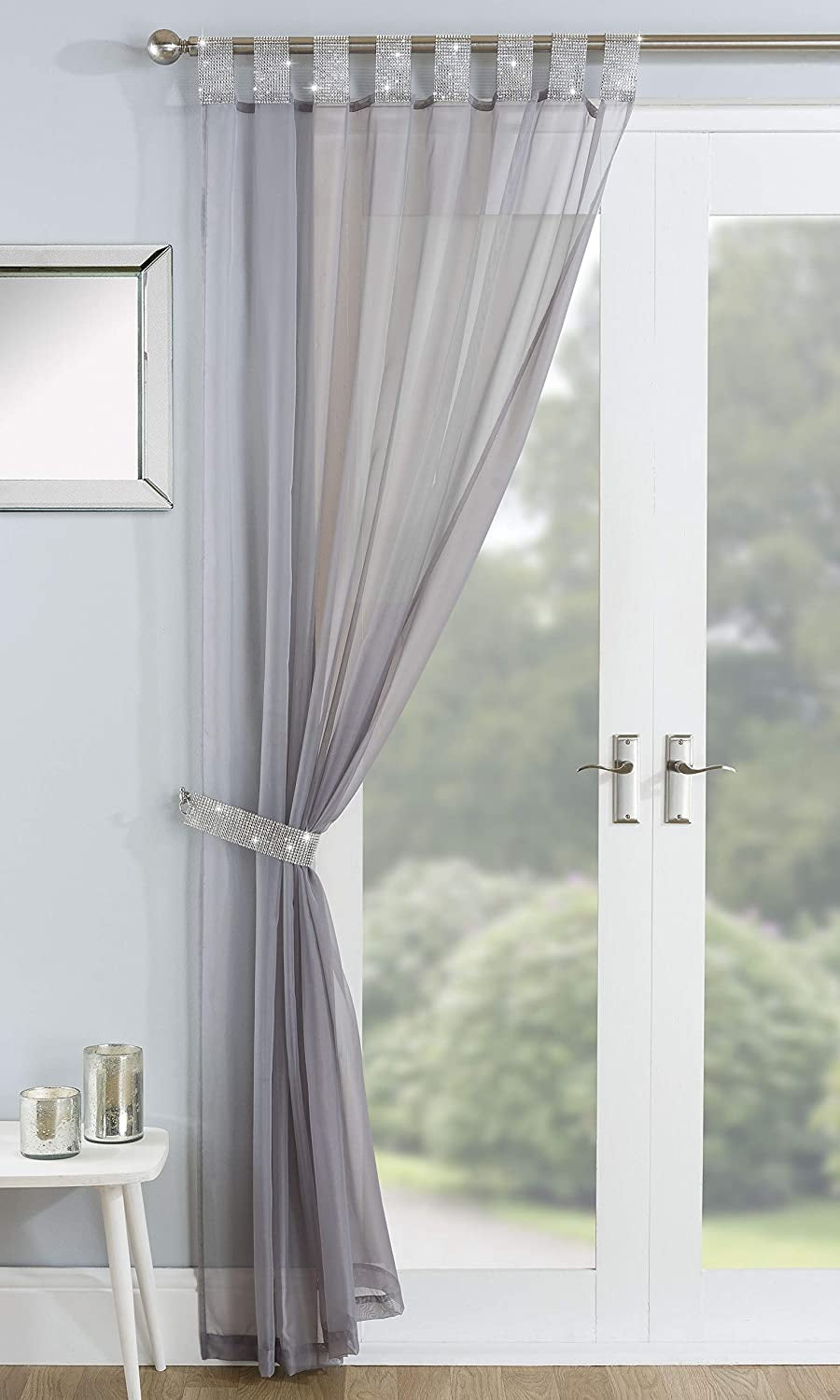 55x90" Luxury Silver Diamante Voile Net Curtains - Vegas Grey