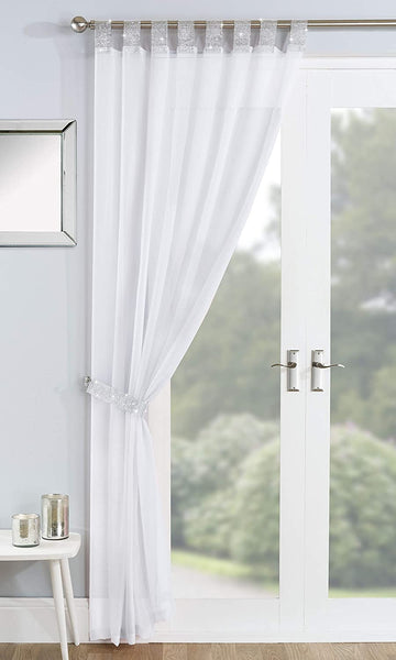 55x90" Luxury Silver Diamante Voile Net Curtains - Vegas White
