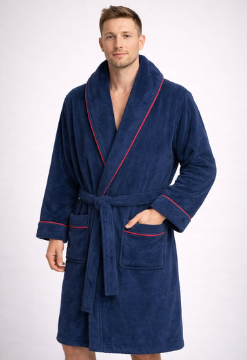 Velour Signature Bathrobe Soft Plush Dressing Gown, Navy