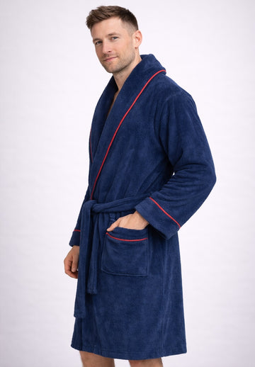 Velour Signature Bathrobe Soft Plush Dressing Gown, Navy