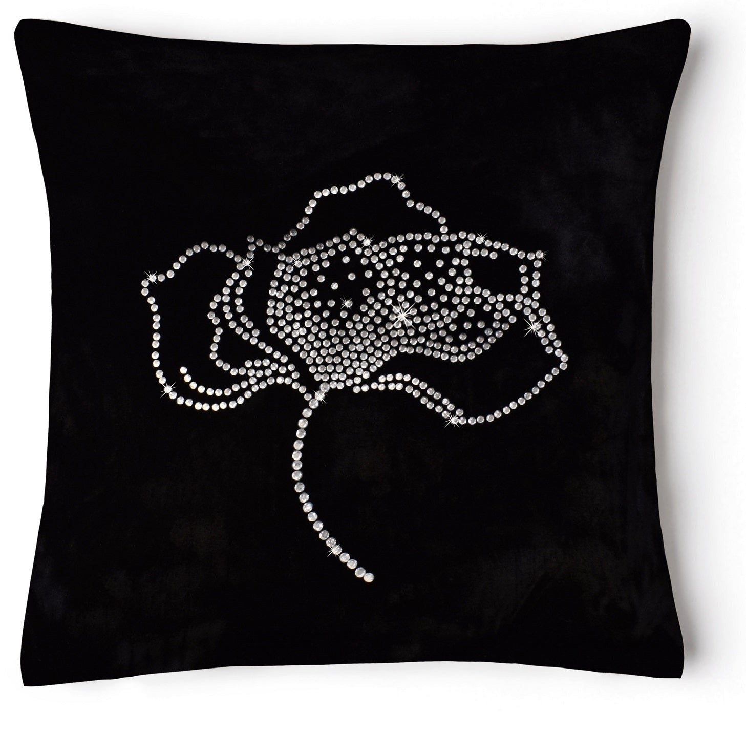 Luxury Velvet Diamante Rose Filled Cushion 43x43cm - Black