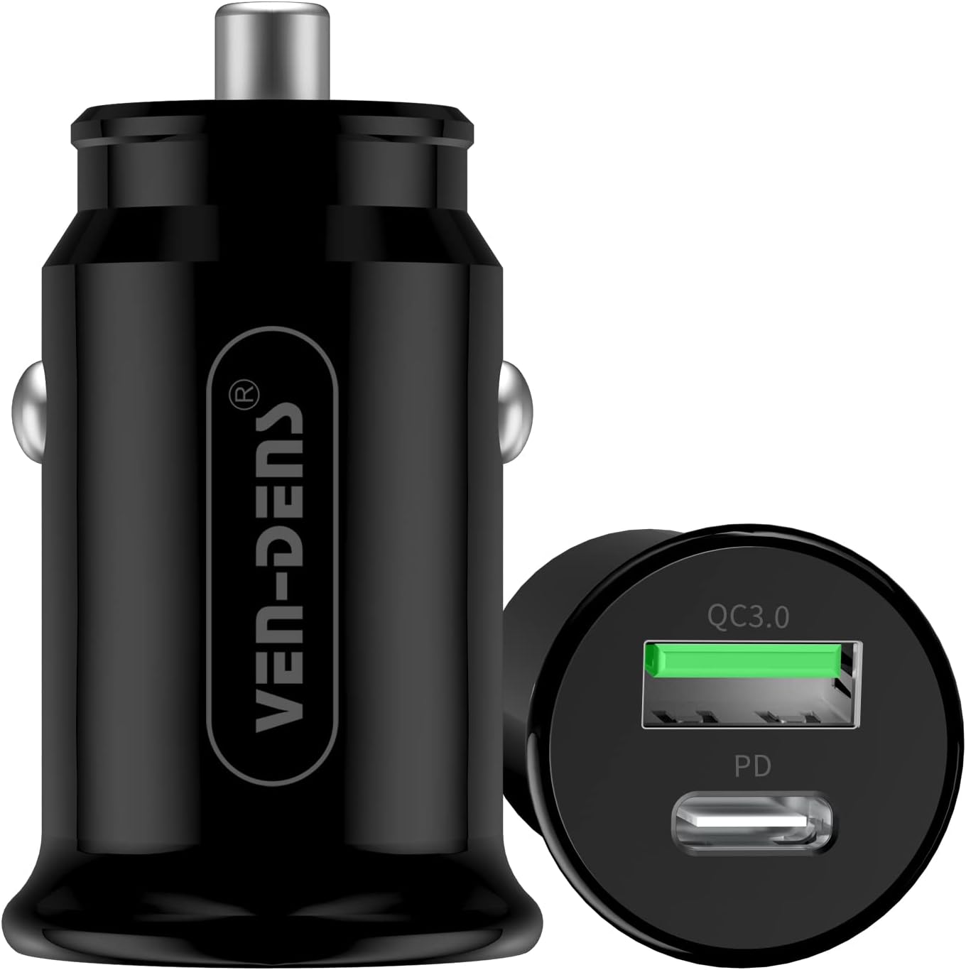 VEN-DENS Black 18W Type-C & USB QC 3.0 Dual Car Charger Adaptor