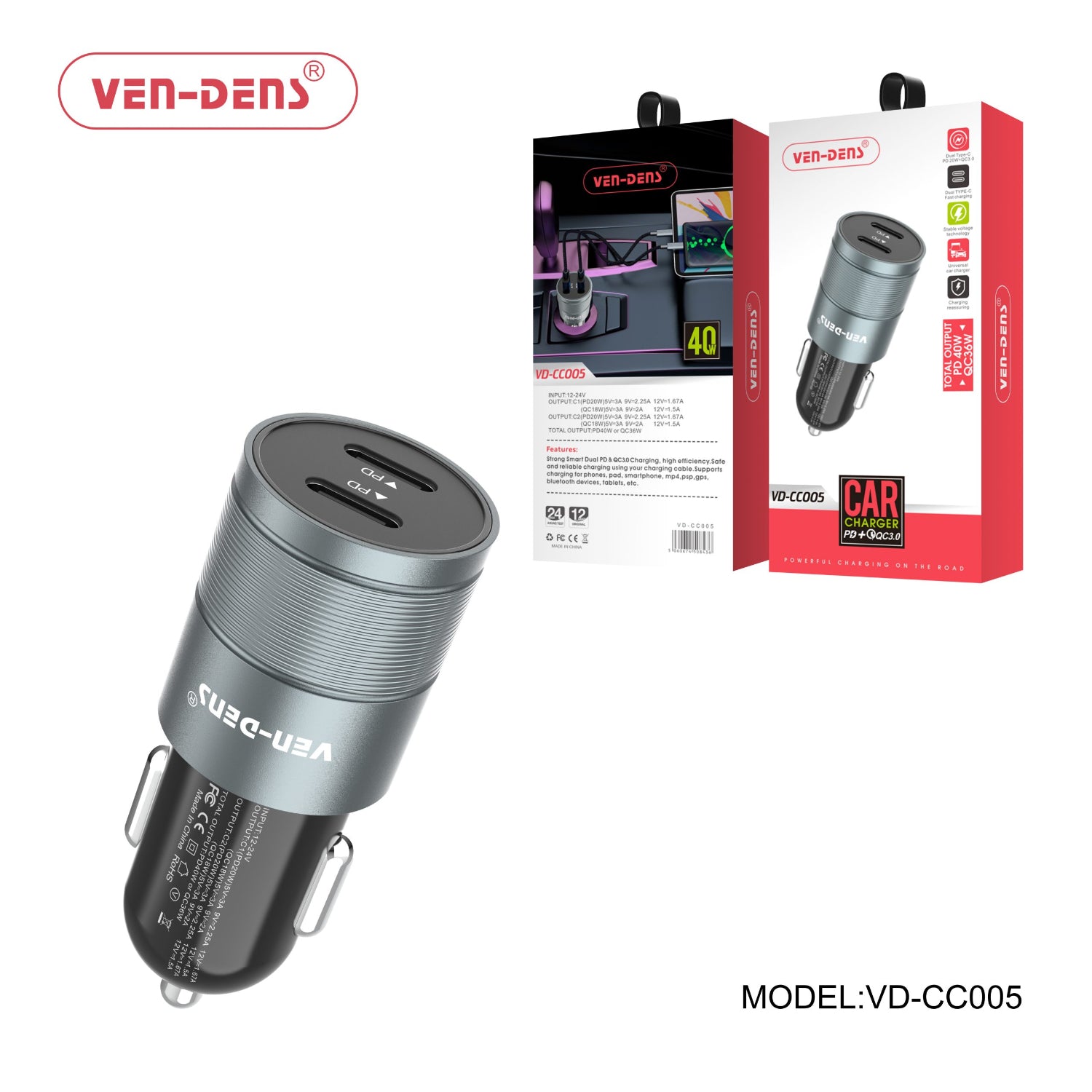 VEN-DENS 40W Dual Type-C Car Charger