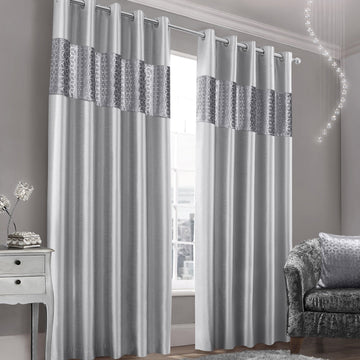 Geometric Velvet Faux Silk Lined Ring Top Curtains 66" x 90" - Silver Grey