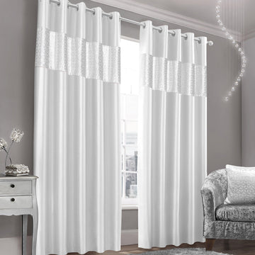 Geometric Velvet Faux Silk Lined Ring Top Curtains 90" x 90" - White