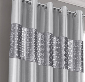 Geometric Velvet Faux Silk Lined Ring Top Curtains 66" x 90" - Silver Grey