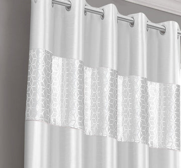 Geometric Velvet Faux Silk Lined Ring Top Curtains 66" x 90" - White