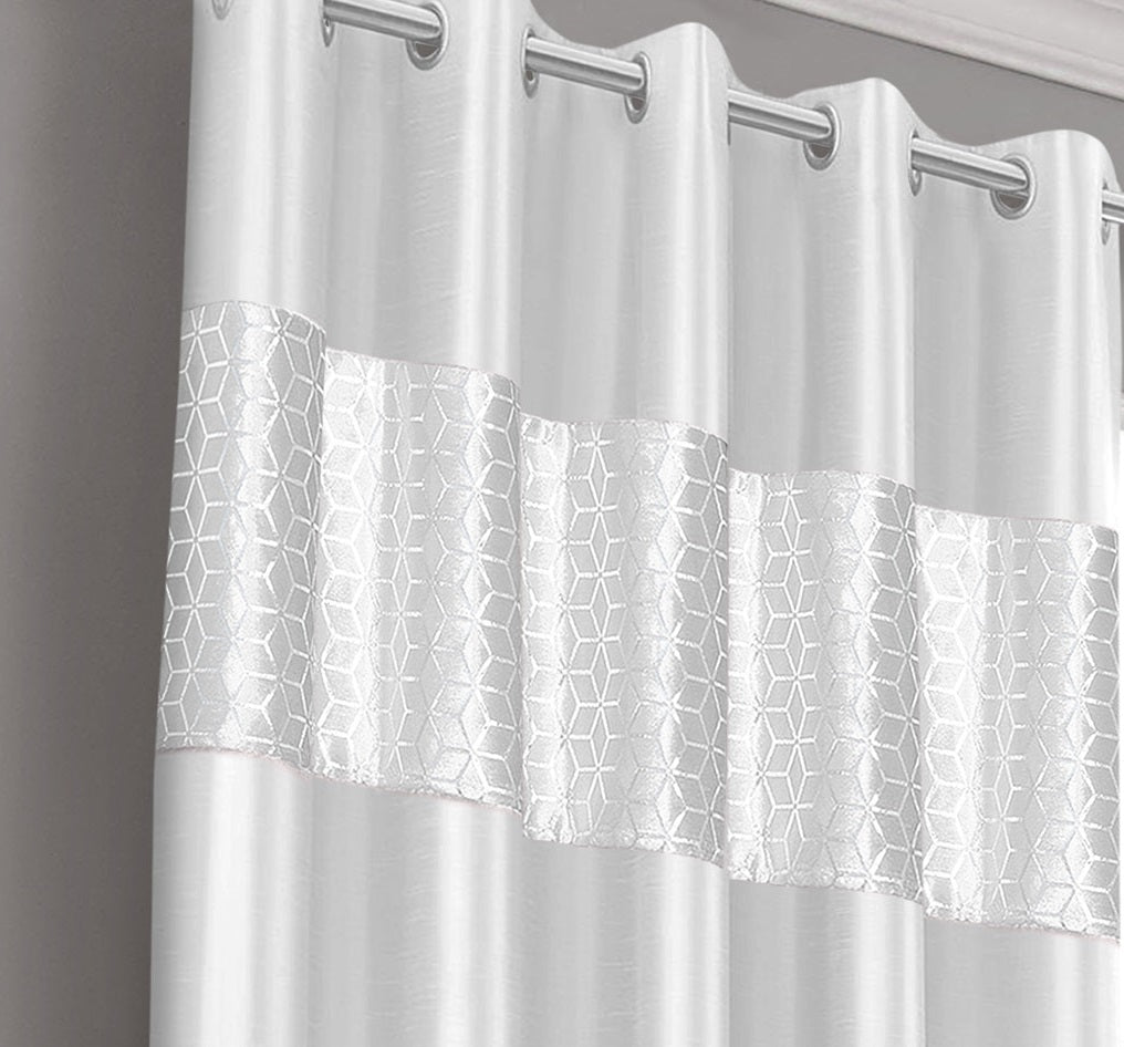 Geometric Velvet Faux Silk Lined Ring Top Curtains 90" x 90" - White