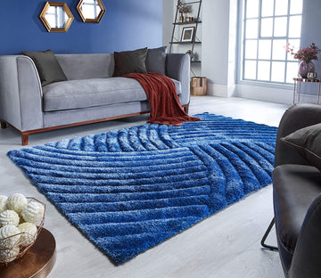 Hand Carved 3D Shaggy Rug Verge Furrow Blue - 47" x 67"