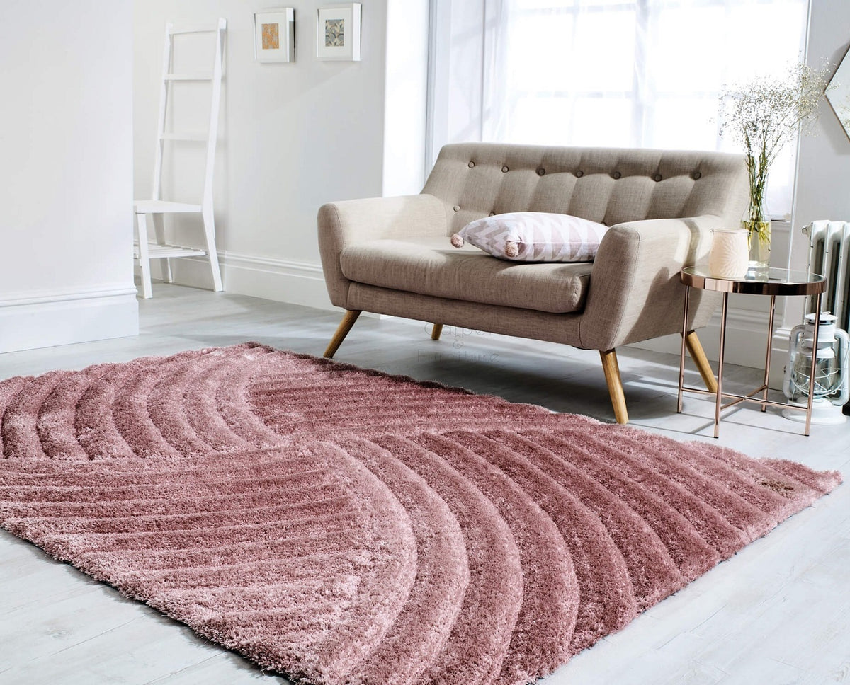 Hand Carved 3D Shaggy Rug Verge Furrow Pink - 63" x 90.5"