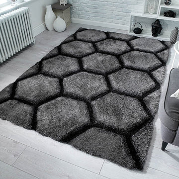 Hand Carved 3D Shaggy Rug Honeycomb Charcoal - 63