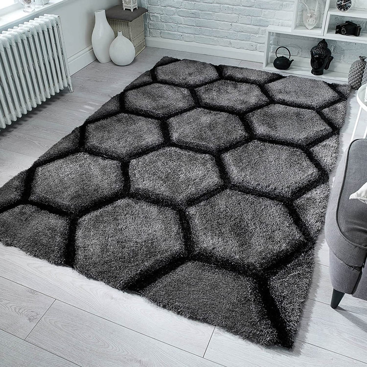 Hand Carved 3D Shaggy Rug Honeycomb Charcoal - 47" x 67"