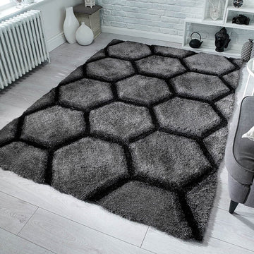 Hand Carved 3D Shaggy Rug Honeycomb Charcoal - 47" x 67"