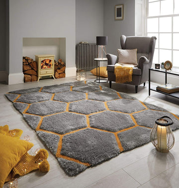 Hand Carved 3D Shaggy Rug Honeycomb Grey Ochre - 63" x 90.5"