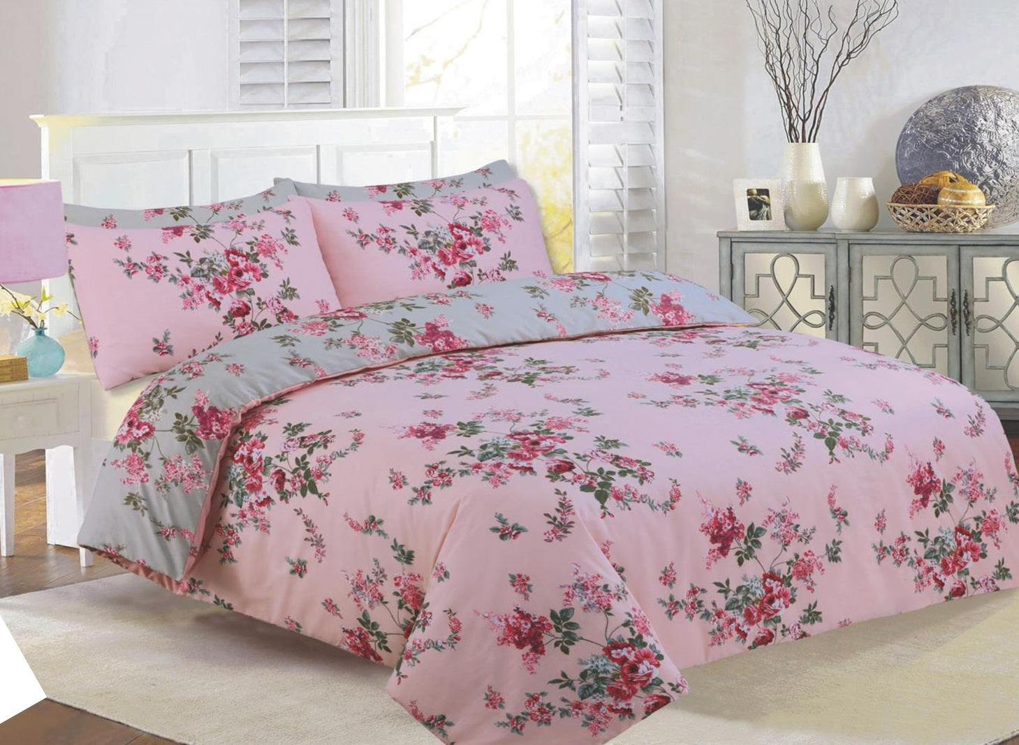 Shabby Chic Vintage Duvet Cover Set, King, Pink & Grey