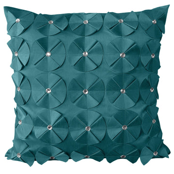 Luxury Diamante Floral Cushion Cover 43x43cm - Teal Blue
