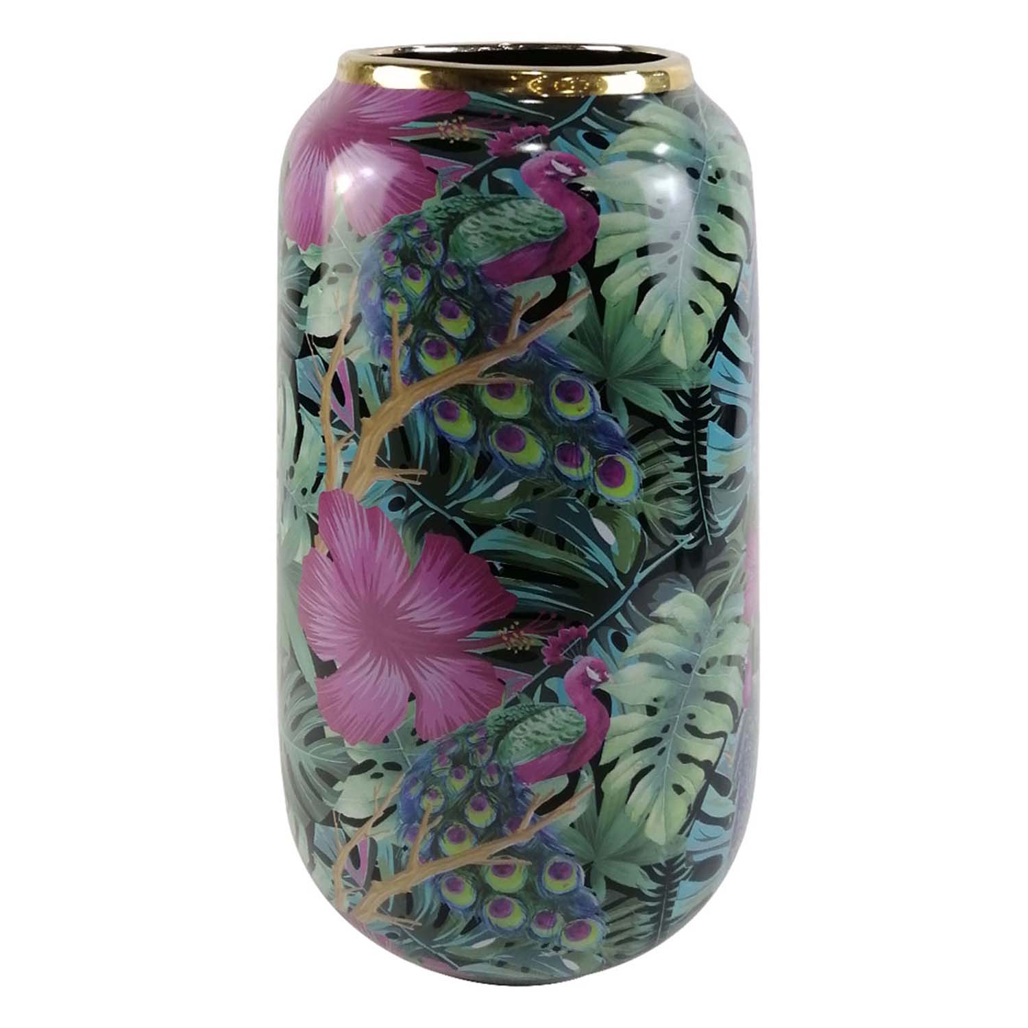 37cm Green & Pink Palm Leaves Ceramic Art Vase