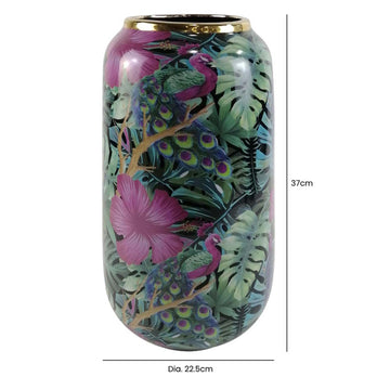 37cm Green & Pink Palm Leaves Ceramic Art Vase