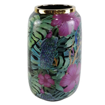 31cm Green & Pink Palm Leaves Ceramic Art Vase