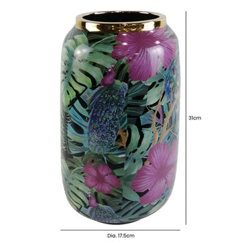 31cm Green & Pink Palm Leaves Ceramic Art Vase