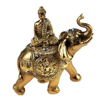 Antique Gold Jewelled Buddha Sitting on Elephant Ornament