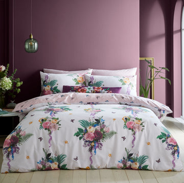 Catherine Lansfield Floral Fluttering Butterflies Duvet Cover Set, Single, Pink White