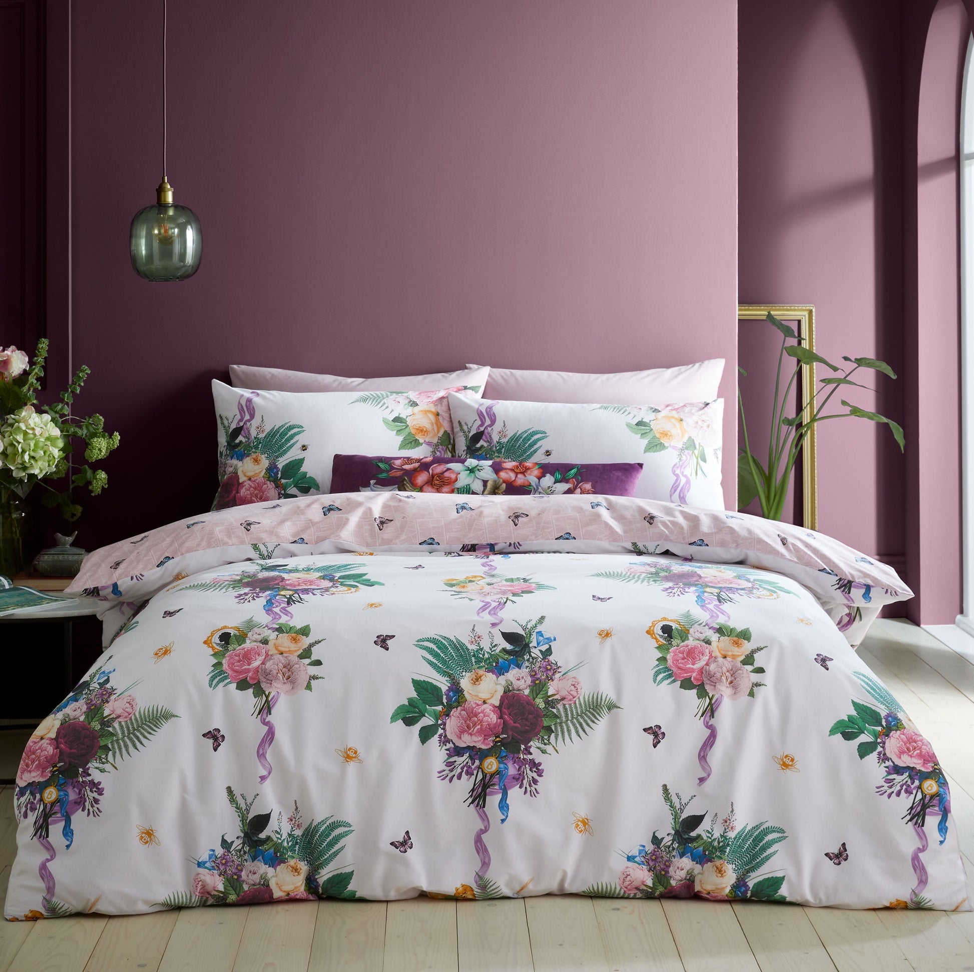 Catherine Lansfield Floral Fluttering Butterflies Duvet Cover Set, King, Pink White