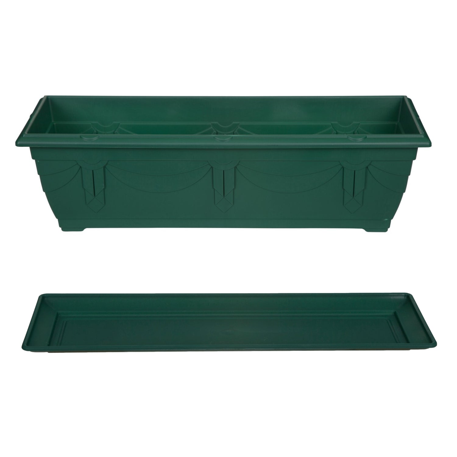 Set Of 60cm 14L Green Plastic Venetian Window Box Planter & 57cm Tray